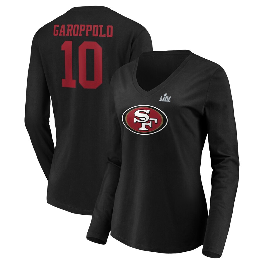 Women's San Francisco 49ers #10 Jimmy Garoppolo NFL Black Super Bowl LIV Bound Halfback Player Name & Number Long Sleeve V-Neck T-Shirt